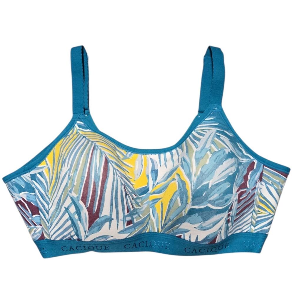 Cacique 42C No Wire Cotton Bra Lightly Lined Comfort Scoop Tropical Leaf Print